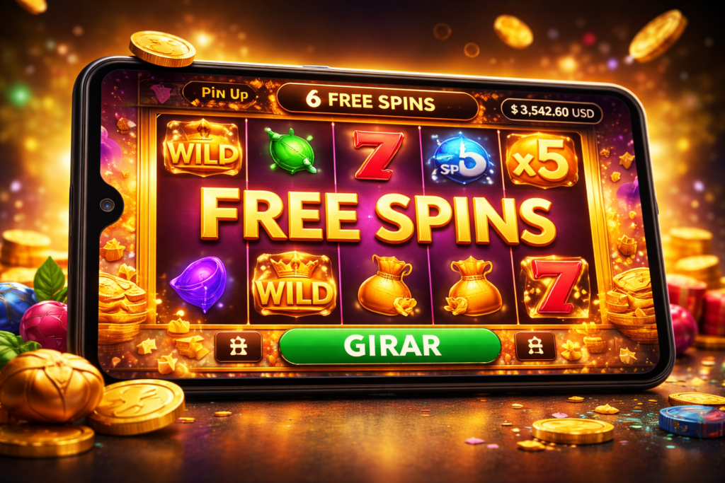 Smartphone displaying Pin Up slot game with free spins active, wild symbols and multiplier x5, showing USD balance for real money gameplay in Ecuador.
